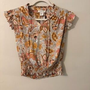 Rachel Zoe Pink, Tan & Mustard Floral Flutter Sleeve Blouse